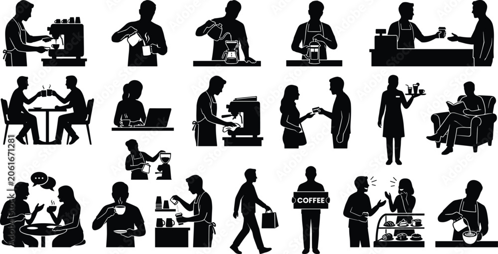 Obraz premium Coffee Shop and Barista Silhouette Collection Featuring Cafe Service Brewing Customer Interaction and Hospitality Scenes