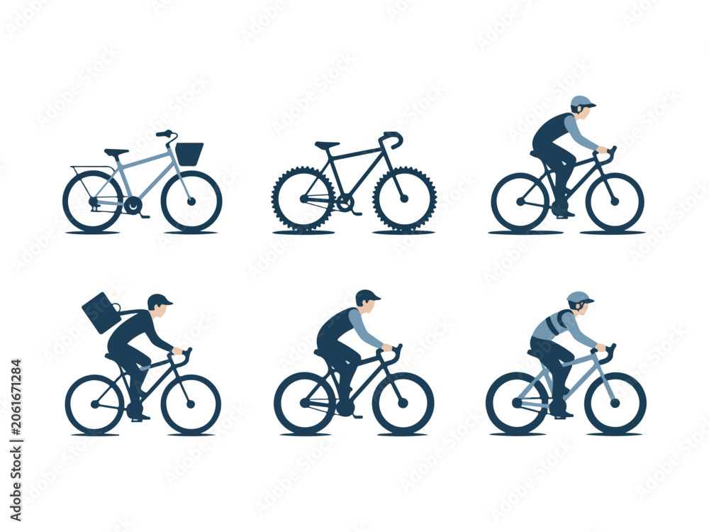 Fototapeta premium Bicycles and cyclists in various riding positions and styles urban commuting transportation