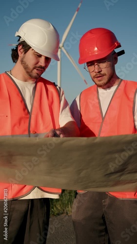 Wind farm workers analyze wind turbine construction plans during installation phase. Wearing safety helmets and orange reflective vests, they focus on technical documentation at renewable energy