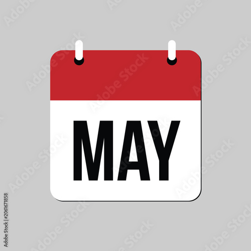 Minimal May calendar icon with red and white design isolated on gray background. Concept of monthly planning, scheduling, date reminder, business calendar, time management, and annual planning.