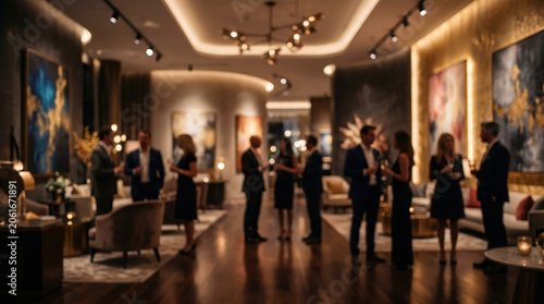 Blurred luxury social gathering elegant lounge event evening party corporate networking cocktail hour abstract bokeh background interior