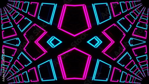 Cyan and Pink Neon Squares in Glossy Kaleidoscope Background VJ Loop in 4K