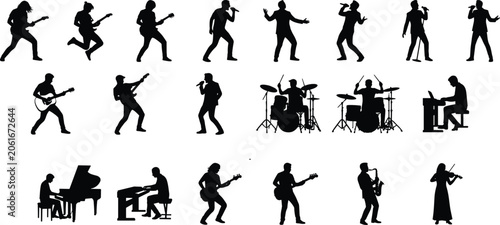 Fotografía Musician and Singer Silhouette Collection Featuring Guitarists Drummers Pianists