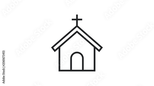 Billede på lærred Simple church building icon with cross on roof, minimalist line art