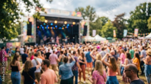 Music festival outdoor concert crowd stage live performance entertainment summer event blurred background party atmosphere people celebrating