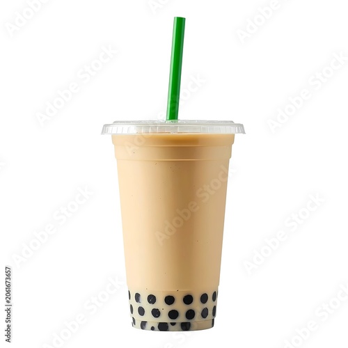 Bubble milk tea with tapioca pearls in plastic cup isolated on white background, boba tea with green straw. 