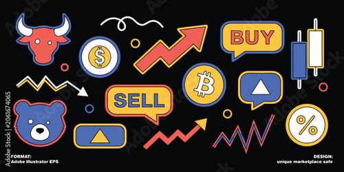 Photos Retro stock market sticker pack with buy and sell buttons and bull bear head icons