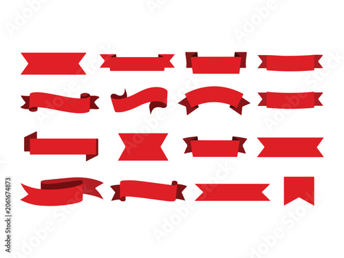 Collection of various red ribbon banners and labels for decoration and design  isolated on white