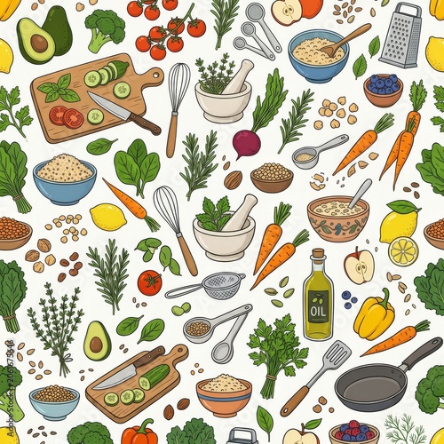 Culinary preparation scene kitchen food illustration vibrant colors overhead view healthy cooking concept