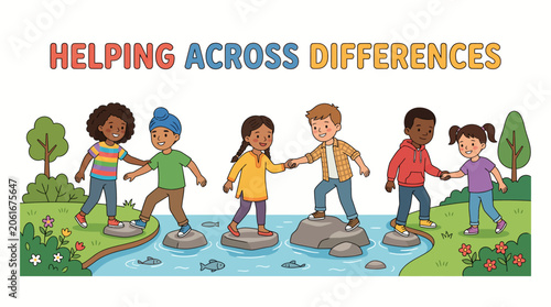 Flat vector illustration of multicultural children helping each other across a stream, promoting unity and collaboration