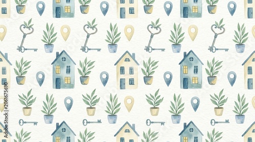 Creative concepts in digital art cozy house patterns with keys and plants for home decor