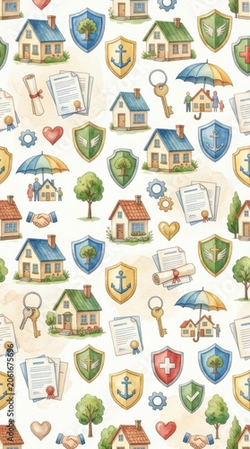 Real estate essentials houses documents and security icons digital pattern seamless design modern concept
