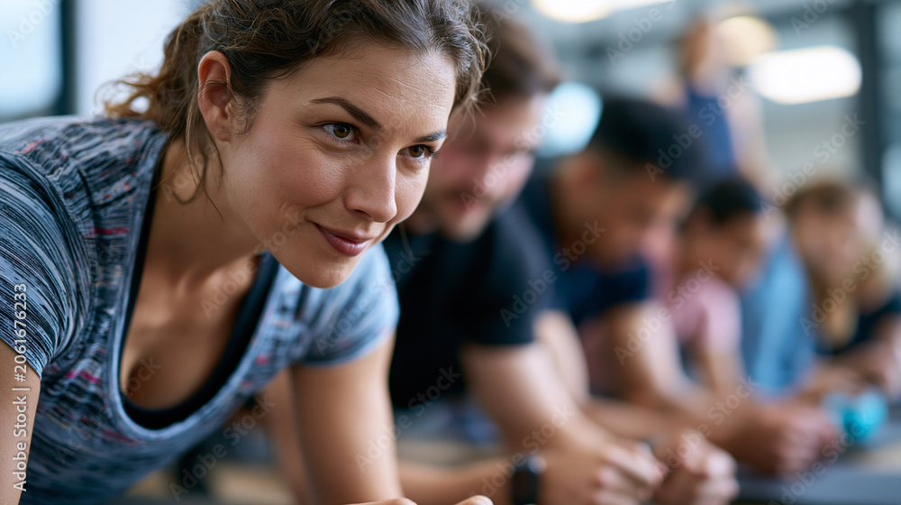 Obraz premium A wide shot of a fitness trainer counting softly reps while a calm group powers through a bright gym workout fitness coaching open faces bright gym daylight workspace full