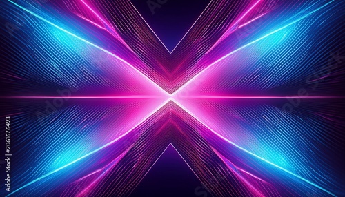 neon light converges into powerful x shape glowing through layered fractal glass with ribbed optical distortion pink blue gradients collide and blend with sense of motion and depth for futuristic art