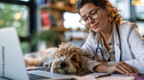 A wide shot of a veterinarian glancing softly up from a laptop with a relaxed dog resting nearby in a bright sunlit office vet review open faces bright clinic daylight