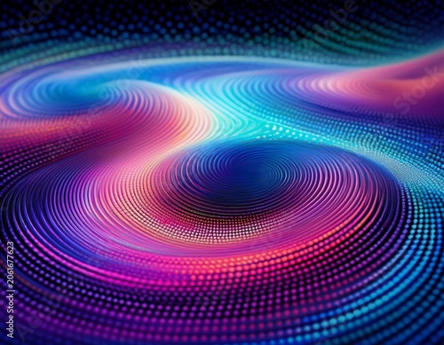 vibrant concentric grainy gradient waves in intense glowing blue pink tones created from thousands of individual dots bold futuristic rippling rings forming surreal abstract waves for modern visual