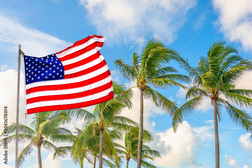 Fototapeta premium American flag waving against palm trees on blue sky background