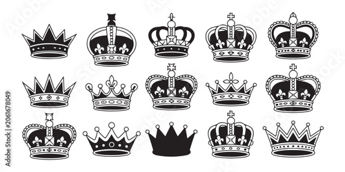 Canvastavla Set of black crowns vector icon collections with various shapes and intricate royal details