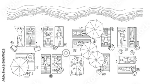 Slika na platnu Minimalist beach line art vector, top view of people sunbathing on towels, summe