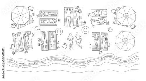 Canvastavla Minimalist beach line art vector, top view people sunbathing on towels with umbr