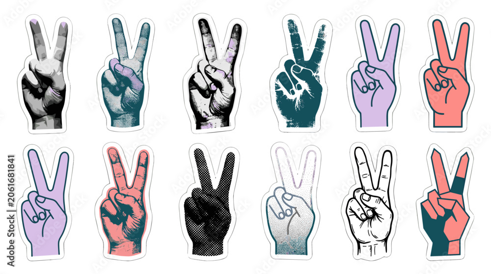 Fototapeta premium Collection of colorful hand gestures showing peace signs and victory signs in various styles