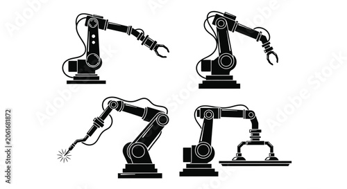 Industrial Robotic Arms In Various Poses Black Silhouette