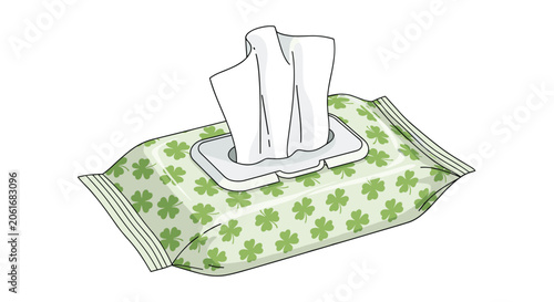 Package of sanitizing wet wipes with a white tissue pulled out features a green clover pattern design for a fresh and clean look.