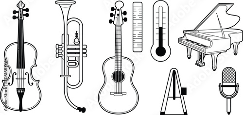 Music instruments, vector icons, black and white, musical symbols, sound equipment