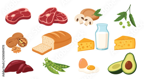 Colorful assortment of high protein and healthy food items including meat eggs nuts avocado and sliced bread.