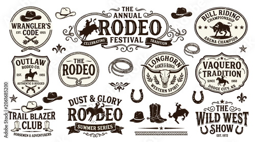 Foto Rodeo festival and western themed graphic design elements with logos and icons