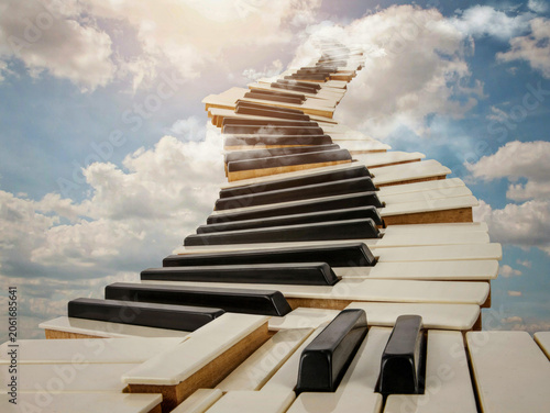Piano keyboard staircase ascending into the clouds symbolizing musical success and creative journey concept. Generative AI.