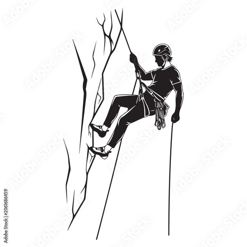 Cuadro en lienzo Rock climber silhouette vector illustration rappelling down a steep cliff with r
