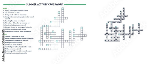 Summer activity crossword worksheet with clues and grids  
