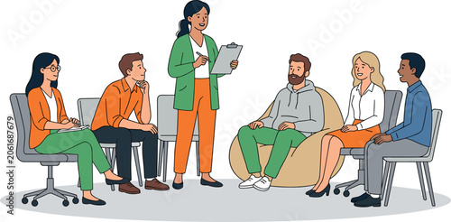Φωτογραφία Diverse group of people sitting in a circle during a therapy session support group or corporate team building seminar vector illustration