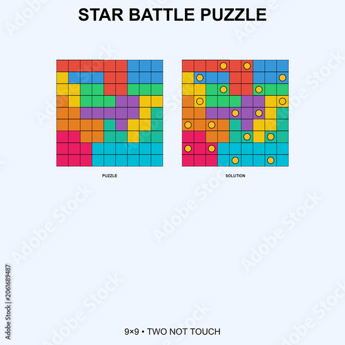 Star Battle puzzle 9x9 grid with solution. Two not touch rule logic brain teaser with colored regions and yellow stars. Printable worksheet