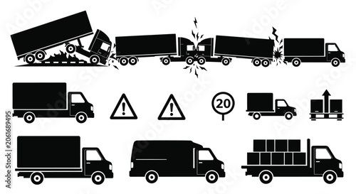 Fotografie Trucks warning signs and speed limit depicted in a black silhouette