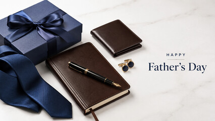 Happy Father's Day Text With Gift Box And Accessories On Marble