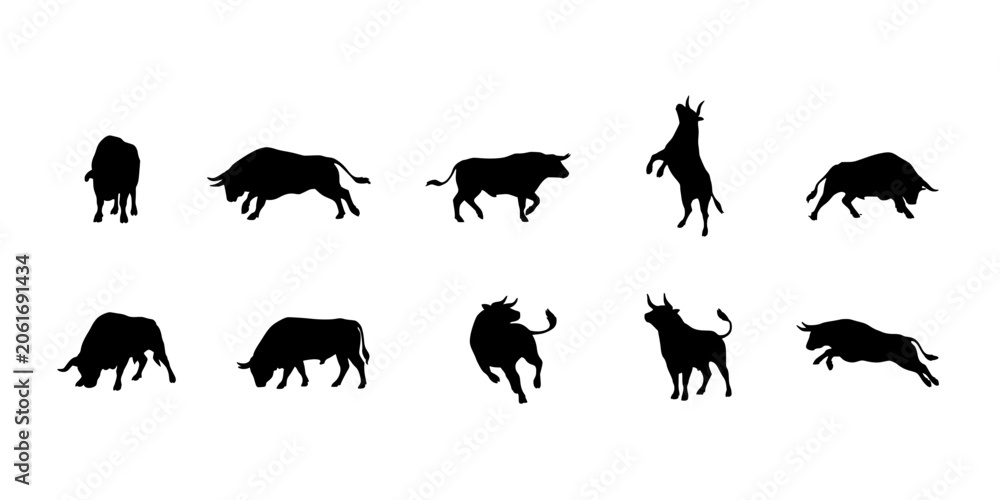 Obraz premium Bull Silhouettes Illustration Set of Ten Black Animal Figures, Vector Style Icons for Education, Wildlife, and Farm Themes