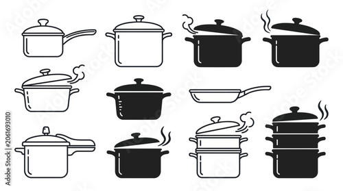 Foto Collection of Cooking Pots and Pans Icons, Kitchenware Set, Vector Illustration