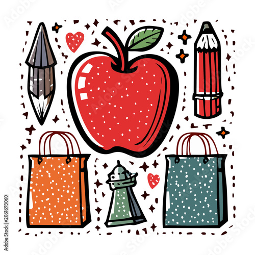 Flat design illustration of apple, pencils, and shopping bags