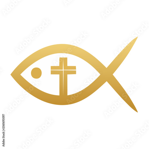 Golden Ichthys Christian Fish Symbol with Cross