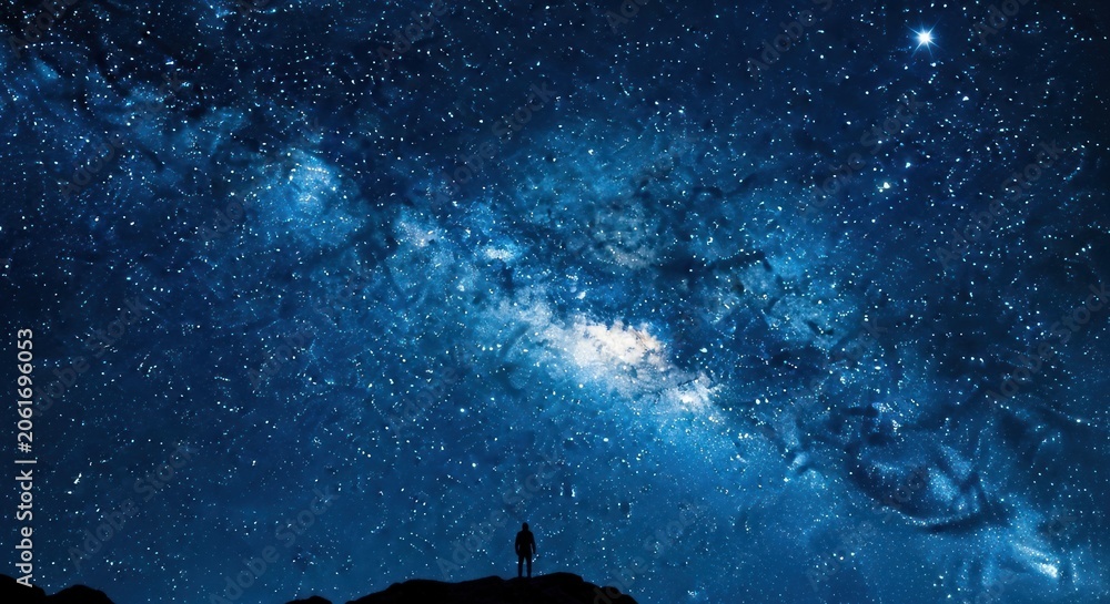 Fototapeta premium Silhouette of a solitary person observing the dense, bright stellar band of the cosmos overhead