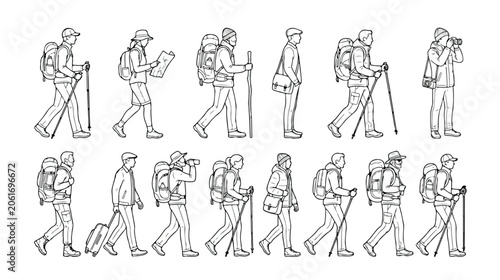 Konstfotografi Minimalist hiking line art icons, set of 14 traveler silhouettes with backpacks