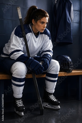 Sports Female Ice Hockey Player Resting in Locker Room