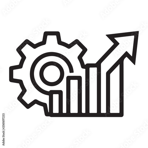 A black line art icon representing business optimization with a mechanical gear and rising growth bar graph