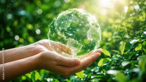 Caring human hands hold glowing green digital earth with global network