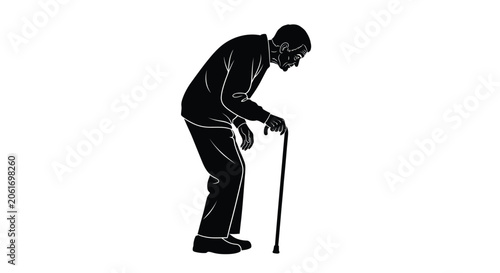 Foto Elderly man with walking cane black silhouette