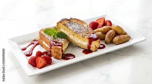 A plate of french toast with strawberries and potatoes on a white marble table