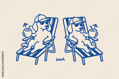 Two cute dogs wearing sunglasses and hats relaxing on beach lounge chairs with tropical drinks Vector, illustration