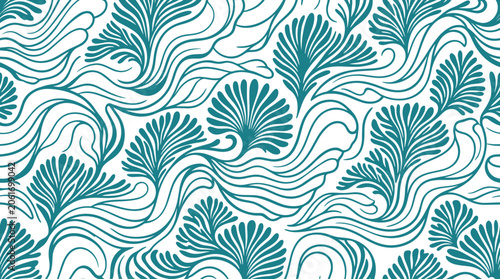 Φωτογραφία Seamless pattern featuring teal organic wavy lines and fan shaped foliage on a w